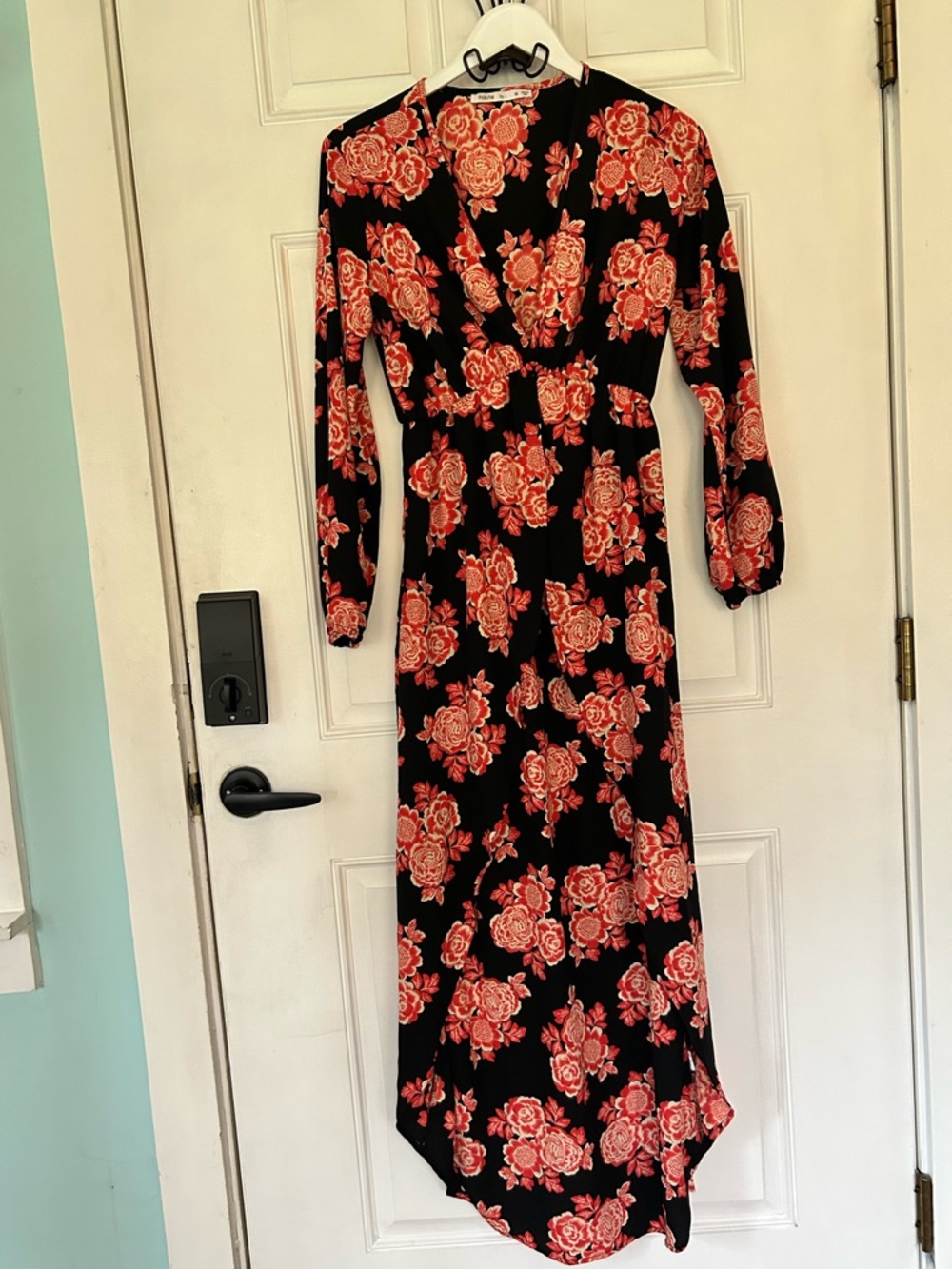 Black Maxi Dress with Red Rose Floral Print and V-Neckline